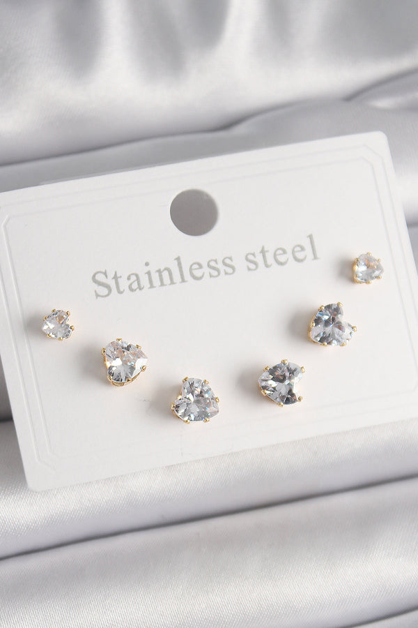 BKP9880 - 316L Çelik Gold Renk Zirkon Taşlı Kalp Model Kadın Küpe Seti