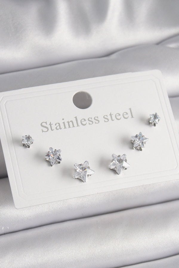 BKP9881 - 316L Çelik Gümüş Renk Zirkon Taşlı Yıldız Model Kadın Küpe Seti