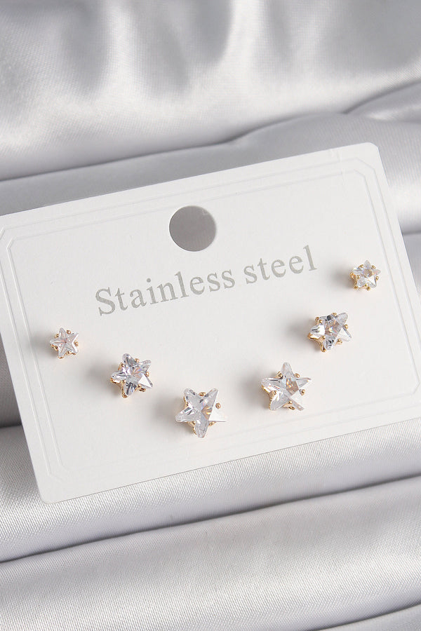 BKP9882 - 316L Çelik Gold Renk Zirkon Taşlı Yıldız Model Kadın Küpe Seti