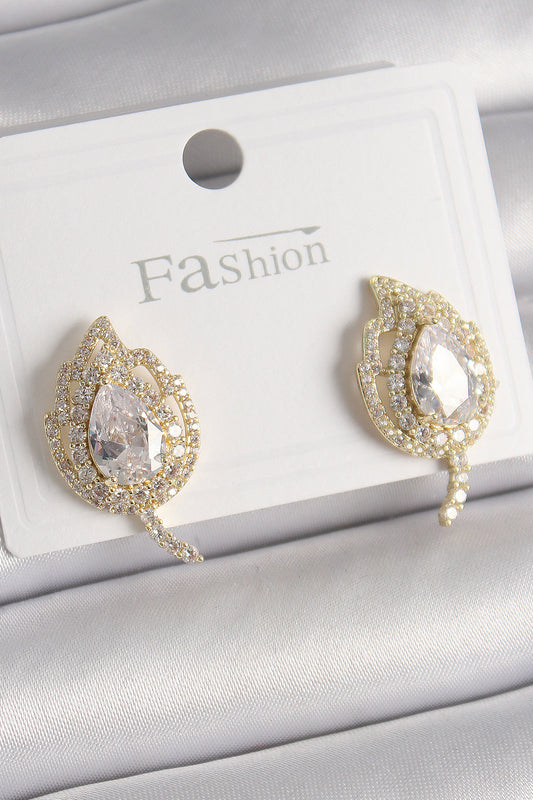 Pirinç Gold Renk Zirkon Taşlı Yaprak Model Kadın Küpe - BKP9945