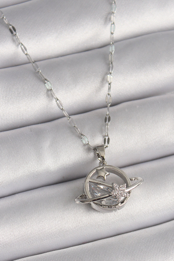 BKO9643 - 316L Çelik Gümüş Renk Zincir Zirkon Taşlı Yıldız Detay Gezegen Model Kadın Kolye