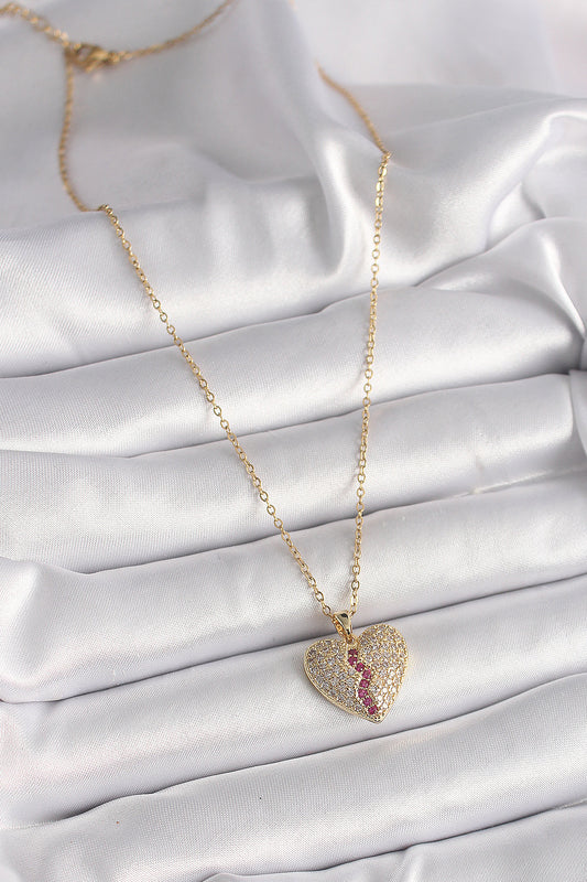 BKO9644 - 316L Çelik Gold Renk Zincir Zirkon Taşlı Kalp Model Kadın Kolye