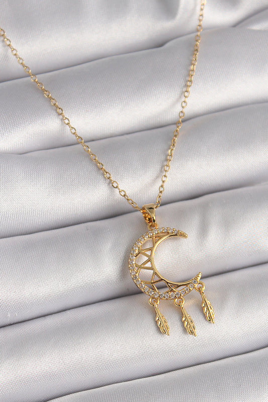 BKO9650 - 316L Çelik Gold Renk Zincir Zirkon Taşlı Hilal Model Sallantı Yaprak Detay Kadın Kolye