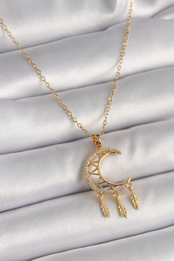 BKO9650 - 316L Çelik Gold Renk Zincir Zirkon Taşlı Hilal Model Sallantı Yaprak Detay Kadın Kolye
