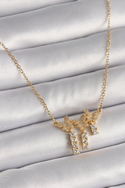 316L Çelik Gold Renk Zincir Zirkon Taşlı Kelebek Model Sallantı Detay Kadın Kolye - BKO9652