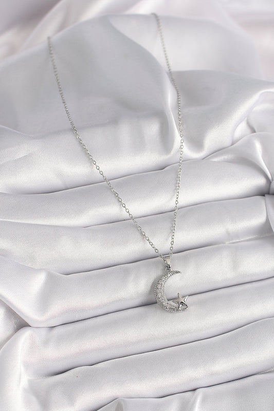 BKO9655 - 316L Çelik Gümüş Renk Zincir Zirkon Taşlı Hilal Model Yıldız Detay Kadın Kolye