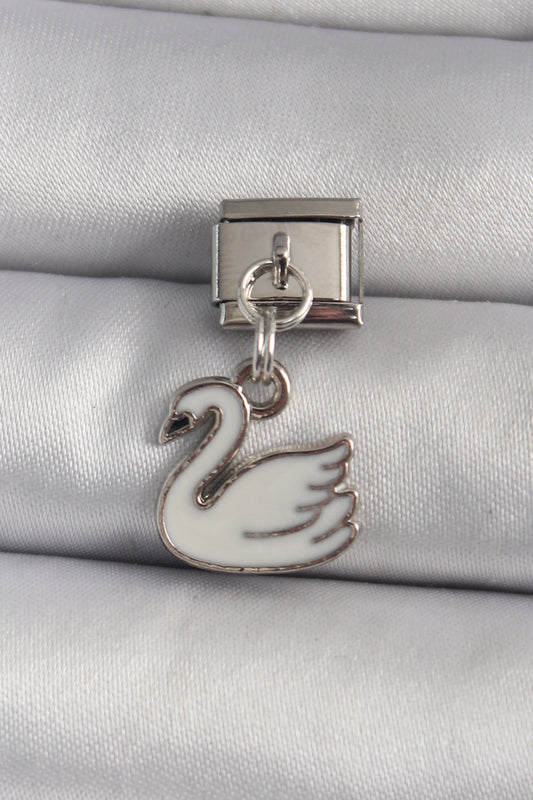 316L Çelik Gümüş Renk Sallantı Beyaz Kuğu Model Nomination Charm - BC1160