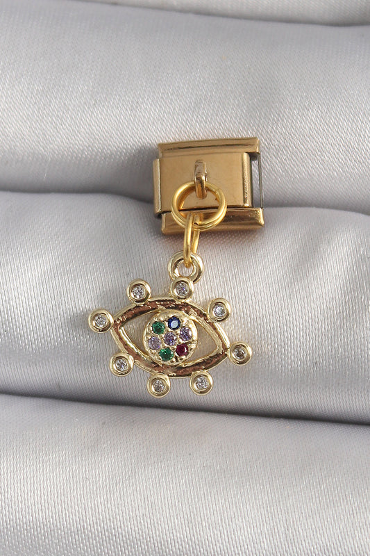 316L Çelik Gold Renk Sallantı Zirkon Taşlı Göz Model Nomination Charm - BC1195