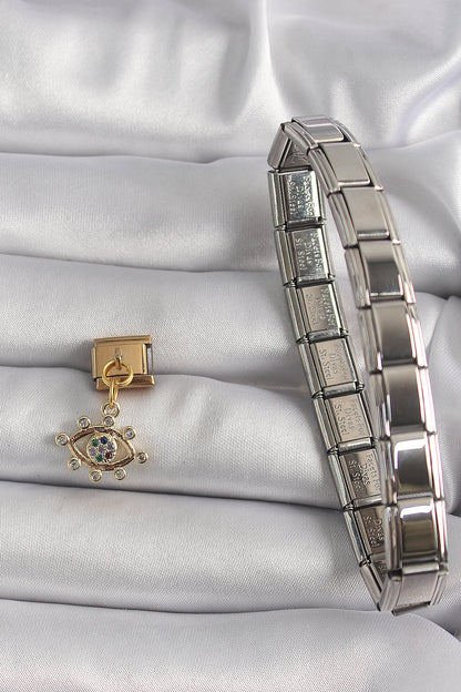 BC1195 - 316L Çelik Gold Renk Sallantı Zirkon Taşlı Göz Model Nomination Charm
