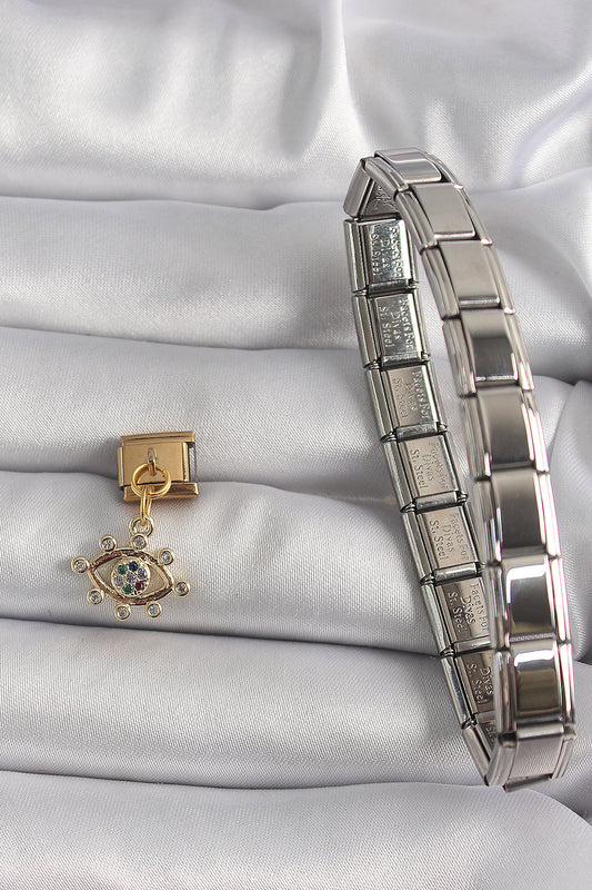 316L Çelik Gold Renk Sallantı Zirkon Taşlı Göz Model Nomination Charm - BC1195