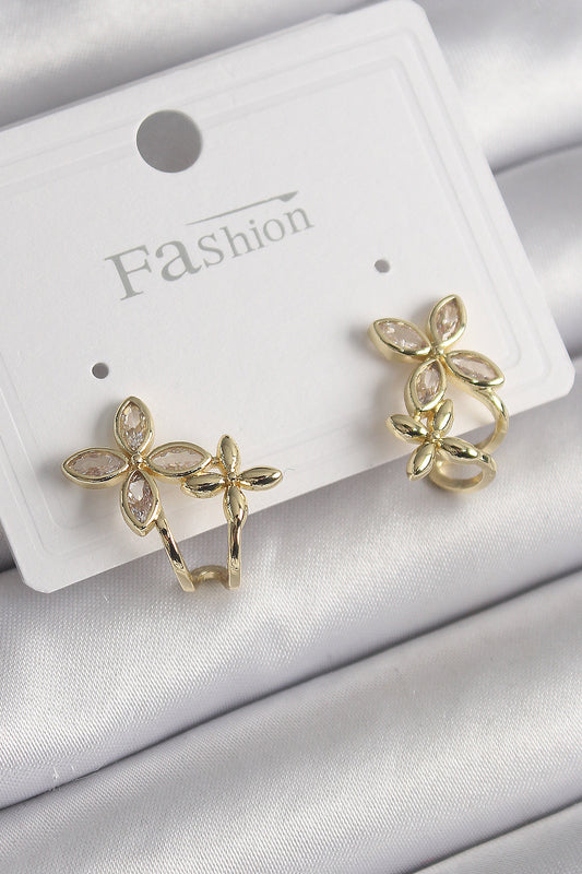 BKP9961 - Pirinç Gold Renk Zirkon Taşlı 2'Li Çiçek Model Kadın Küpe