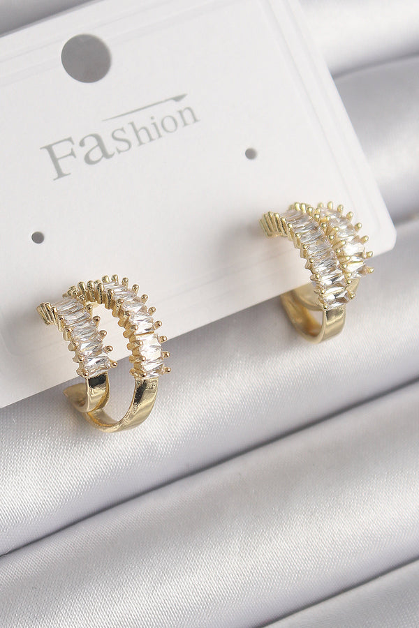 BKP9975 - Pirinç Gold Renk 2'Li Zirkon Taşlı Halka Model Kadın Küpe