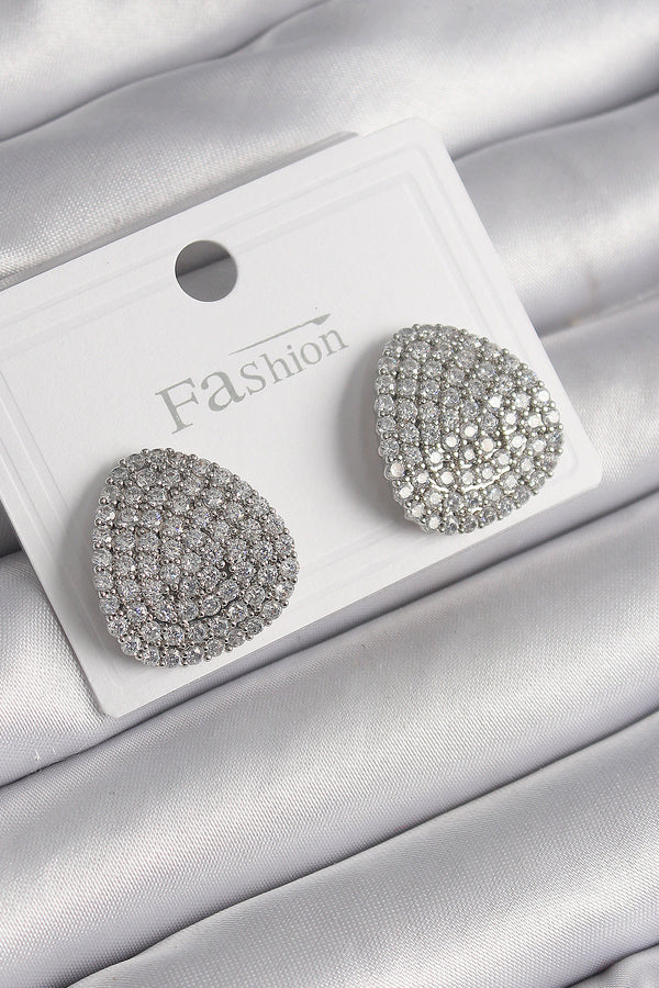 BKP9980 - Pirinç Gümüş Renk Zirkon Taşlı Plaka Model Kadın Küpe