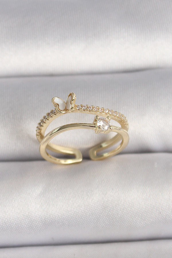 BYK3527 - Pirinç Gold Renk Zirkon Taş Detaylı Kelebek Figür Ayarlanabilir Yüzük