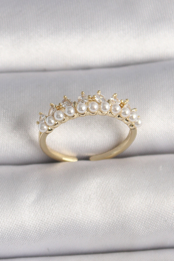 BYK3576 - Pirinç Gold Renk Zirkon Taşlı İncili Taç Model Ayarlanabilir Kadın Yüzük