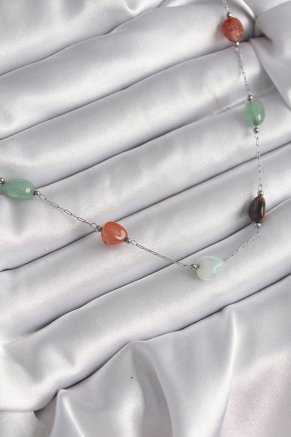 BKO9660 - 316L Çelik Gümüş Renk Zincir Renkli Doğaltaş Model Kadın Kolye