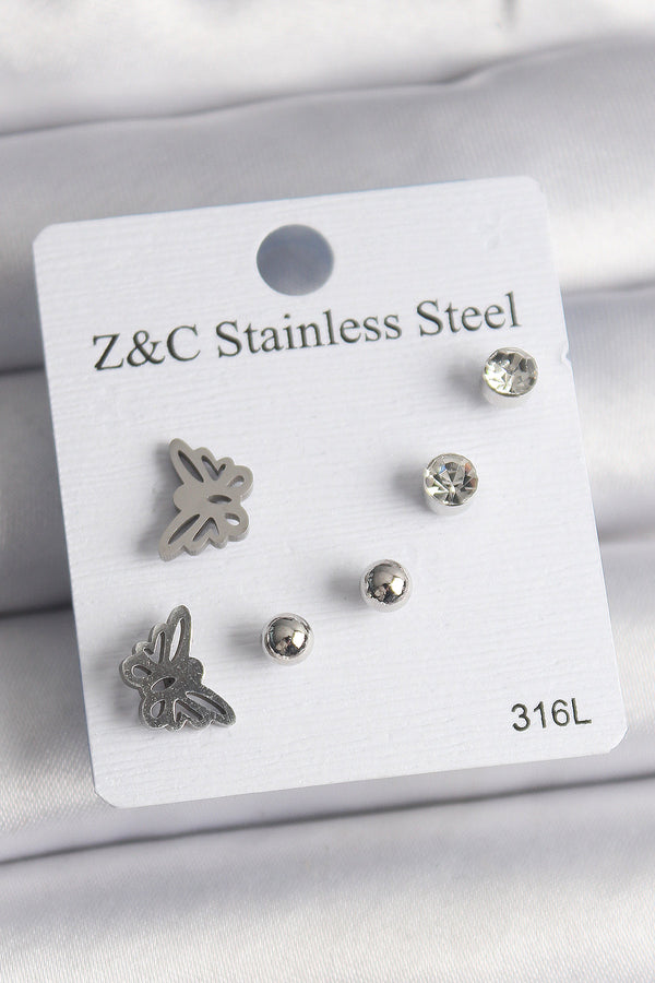 BKP10008 - 316L Çelik Gümüş Renk Zirkon Taşlı Kelebek Model Kadın Küpe Seti