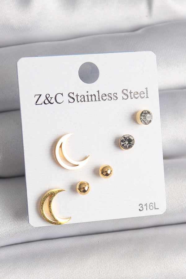 BKP10009 - 316L Çelik Gold Renk Zirkon Taşlı Hilal Model Kadın Küpe Seti