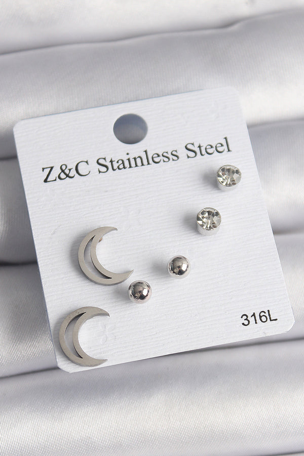 BKP10010 - 316L Çelik Gümüş Renk Zirkon Taşlı Hilal Model Kadın Küpe Seti