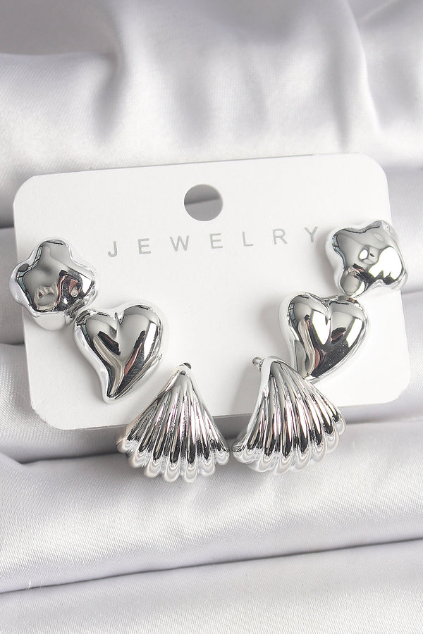 BKP10021 - Gümüş Renk Yonca Kalp Deniz Kabuğu Figür CCB Kadın Küpe Seti