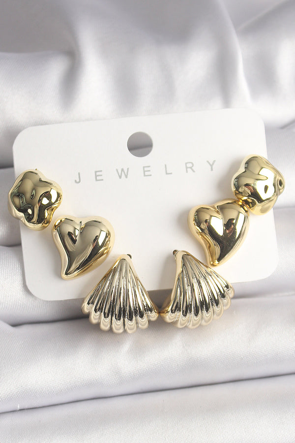 BKP10022 - Gold Renk Yonca Kalp Deniz Kabuğu Figür CCB Kadın Küpe Seti