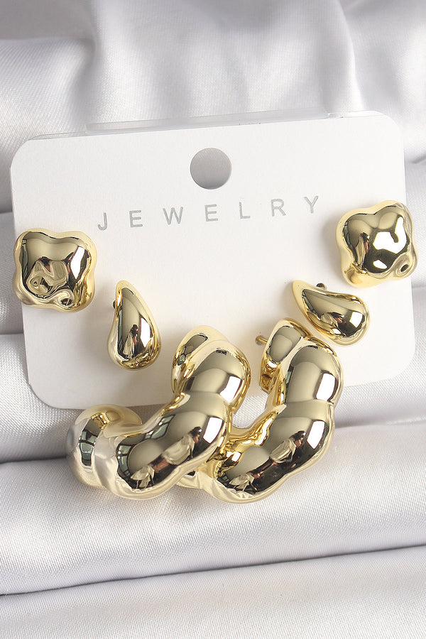 BKP10028 - Gold Renk Yonca Damla Halka Model CCB Plastik Kadın Küpe Seti