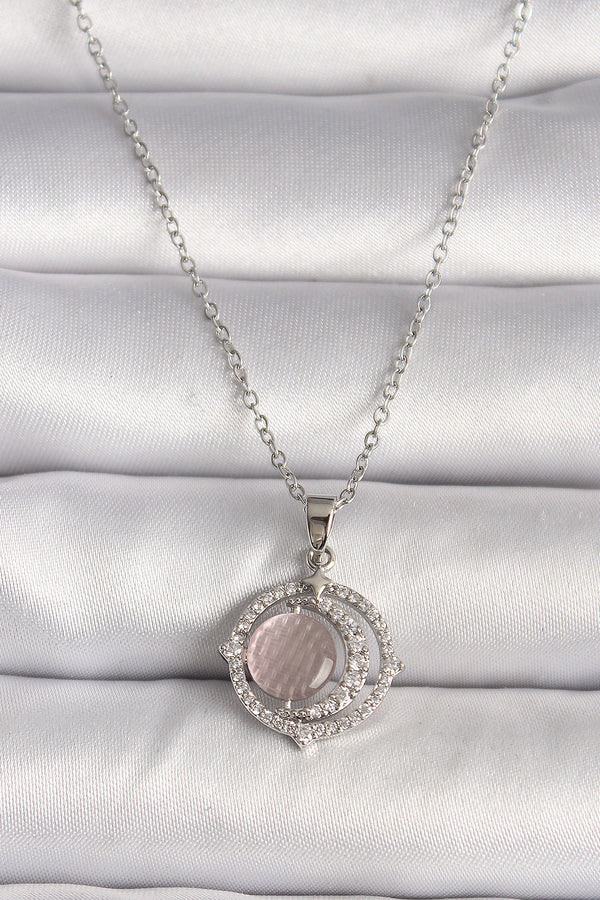 BKO9701 - 316L Çelik Gümüş Renk Zirkon Taşlı Pembe Sedefli Hilal Model Kadın Kolye