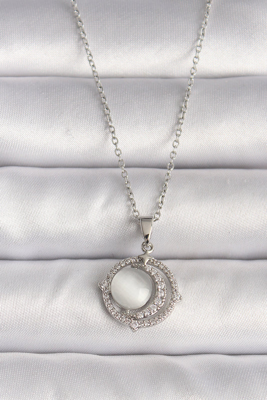 BKO9702 - 316L Çelik Gümüş Renk Zirkon Taşlı Beyaz Sedefli Hilal Model Kadın Kolye