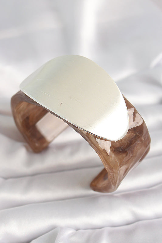 BB6674 - Kahverengi Mermer Desen Akrilik Plastik Gümüş Oval Plaka Model Vintage Kadın Bilezik