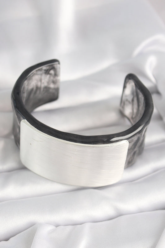 BB6675 - Siyah Mermer Desen Akrilik Plastik Dikdörtgen Plaka Model Vintage Kadın Bilezik