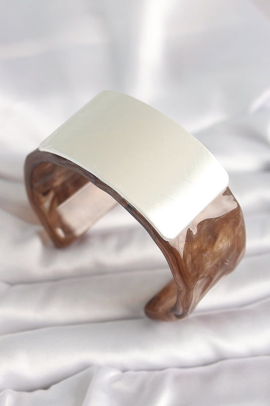 BB6676 - Kahverengi Mermer Desen Akrilik Plastik Gümüş Dikdörtgen Plaka Vintage Kadın Bilezik