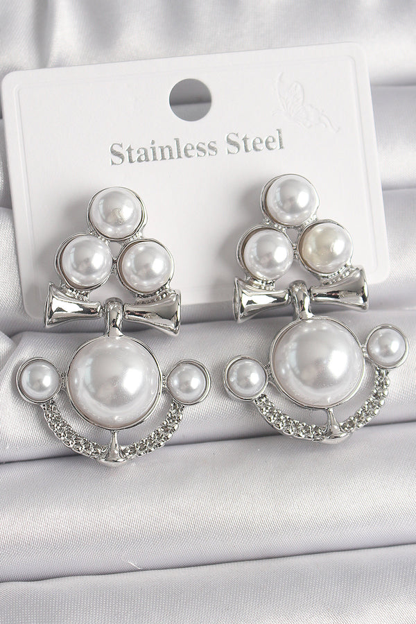 BKP10086 - Pirinç Gümüş Renk Sallantı İncili Çapa Model Kadın Küpe