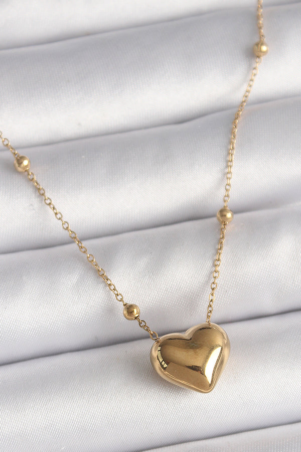 BKO9772 - 316L Çelik Gold Renk Topçuk Detaylı Zincir Kalp Model Kadın Kolye