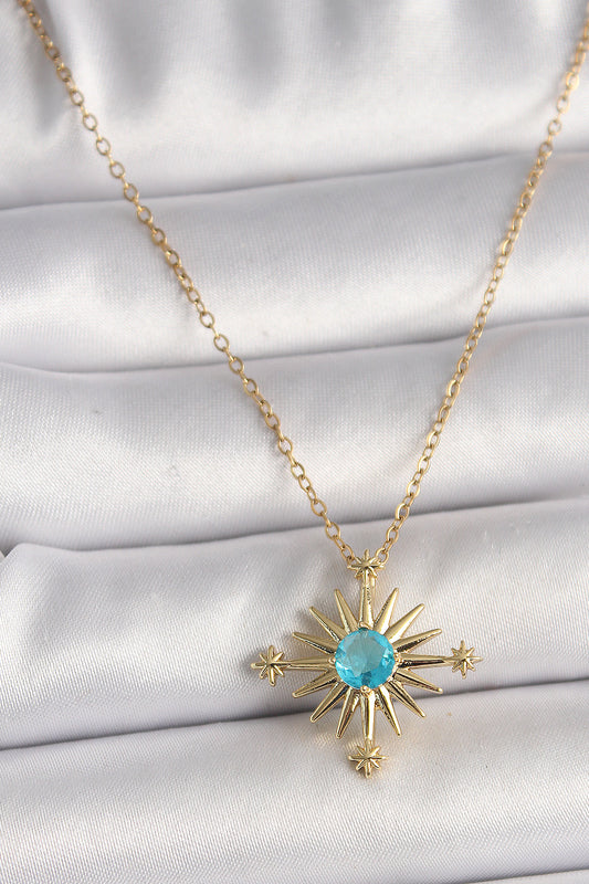 BKO9806 - 316L Çelik Gold Renk Zincir Mavi Taş Detaylı Kuzey Yıldız Model Kadın Kolye