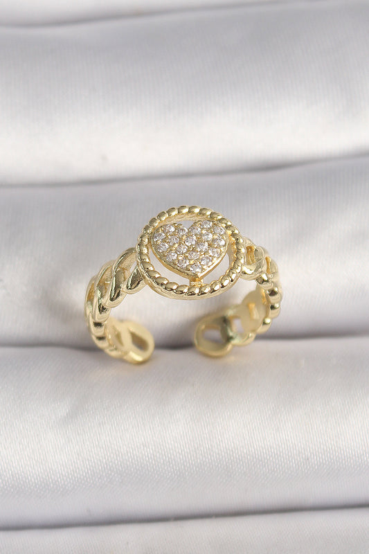 BYK3604 - Pirinç Gold Renk Ayarlanabilir Zirkon Taşlı Kalp Model Kadın Yüzük