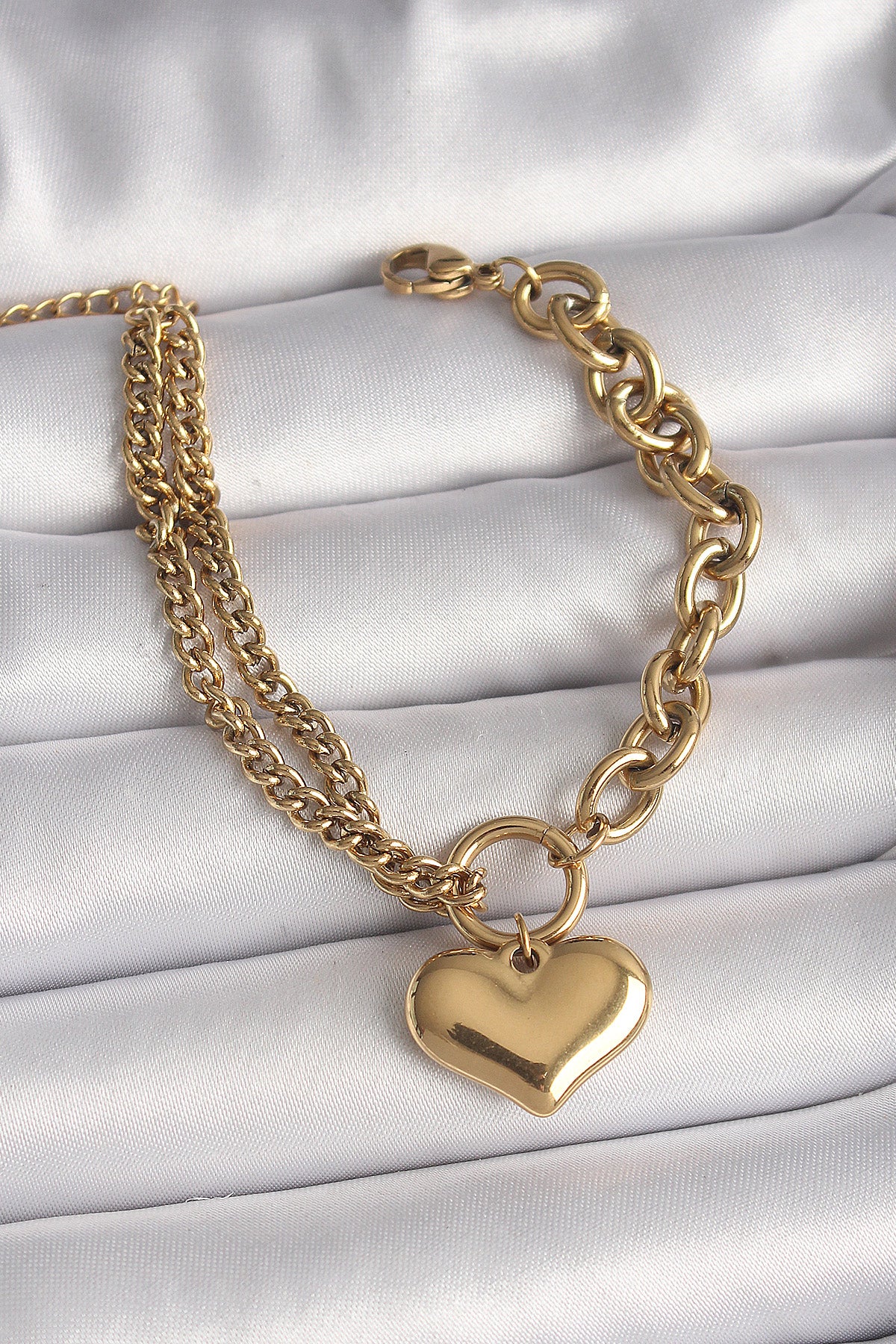 316L Çelik Gold Renk 2'Li Zincir Model Kalp Figür Kadın Bileklik - BB6727
