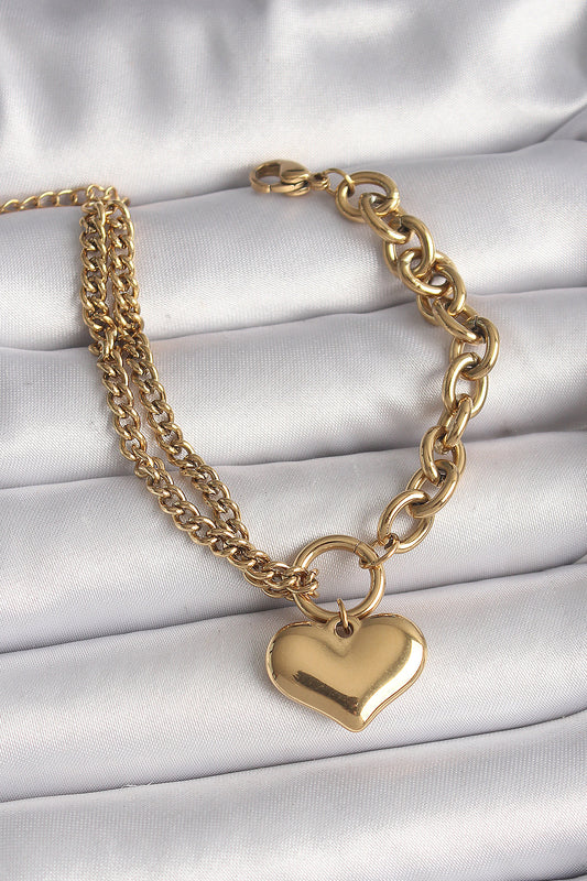 316L Çelik Gold Renk 2'Li Zincir Model Kalp Figür Kadın Bileklik - BB6727