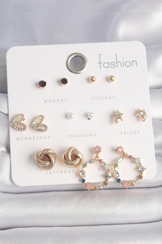 BKP10162 - Pirinç Gold Renk Renkli Zirkon Taşlı Kalp Detay 7 Çift Kadın Küpe Seti