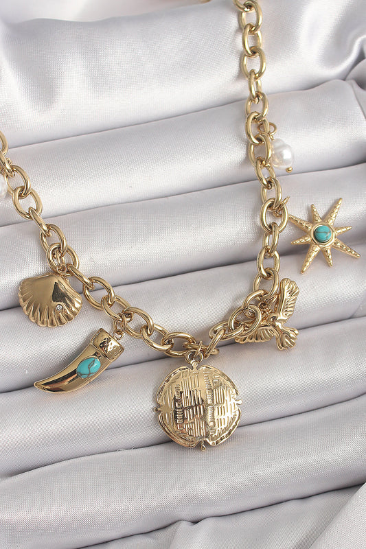 BKO9849 - 316L Çelik Gold Renk Zincir Sallantılı Çoklu Figür Model Kadın Kolye