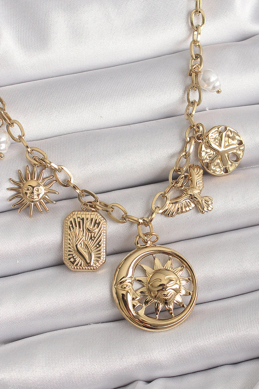 BKO9850 - 316L Çelik Gold Renk Halka Zincir Sallantı Ay Güneş Figür Kuş Detay Kadın Kolye