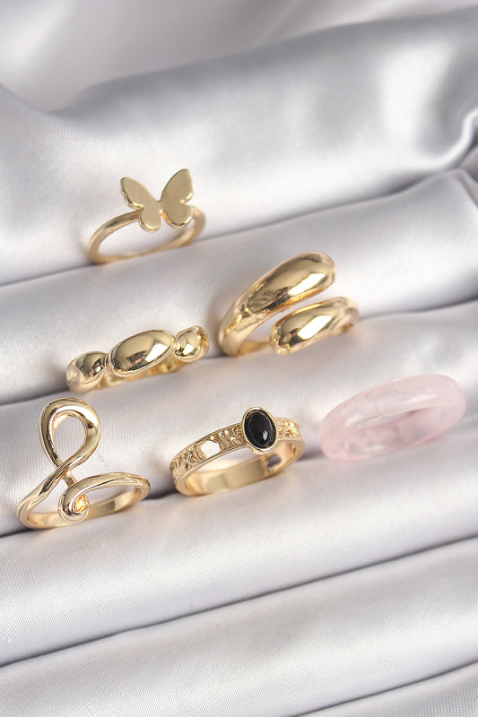 BYK3608 - Pirinç Gold Renk Kelebek Figür Sarmal Model 6'Lı Kadın Yüzük Seti