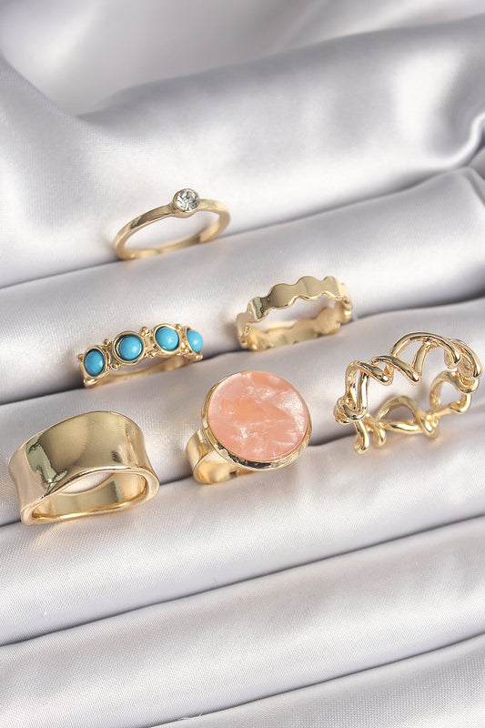 BYK3610 - Pirinç Gold Renk Daire Pembe Mineli Zirkon Taş Detaylı 6'Lı Kadın Yüzük Seti
