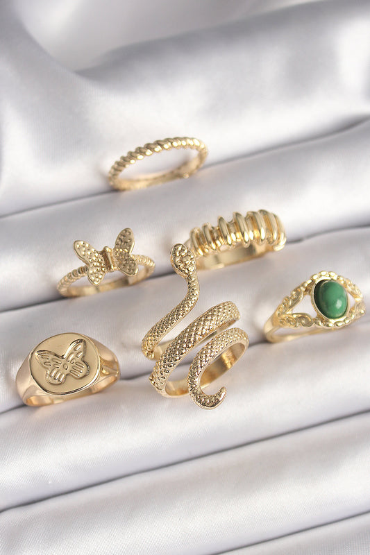 BYK3611 - Pirinç Gold Renk İşlemeli Yılan Model Kelebek Detay 6'Lı Kadın Yüzük Seti