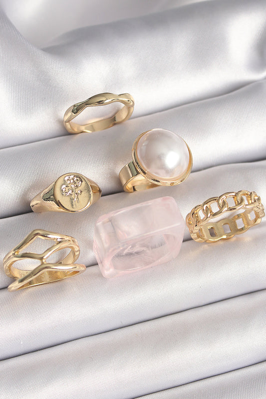 BYK3615 - Pirinç Gold Renk Beyaz İncili Zincir Yüzük Figür İşleme Detay 6'Lı Kadın Yüzük Seti