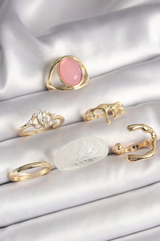 BYK3619 - Pirinç Gold Renk Zirkon Taş Detaylı Pembe Mineli 6'Lı Kadın Yüzük Seti