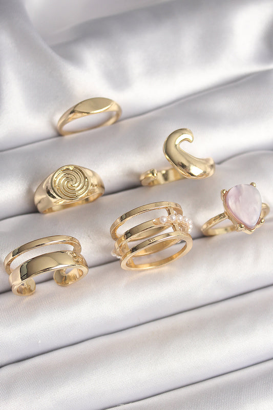 Pirinç Gold Renk Pembe Damla Mineli Sarmal İşleme Detaylı 6'Lı Kadın Yüzük Seti - BYK3628