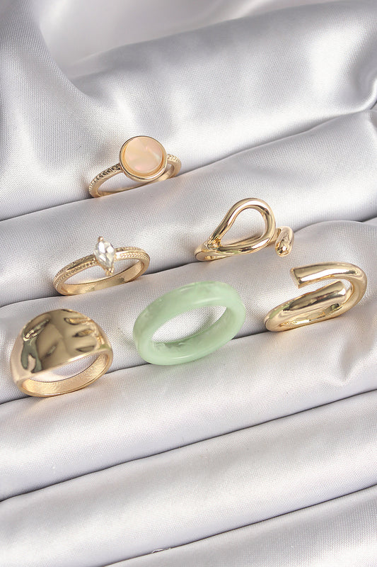 BYK3630 - Pirinç Gold Renk Zirkon Taşlı Daire Pembe Mineli Detay 6'Lı Kadın Yüzük Seti