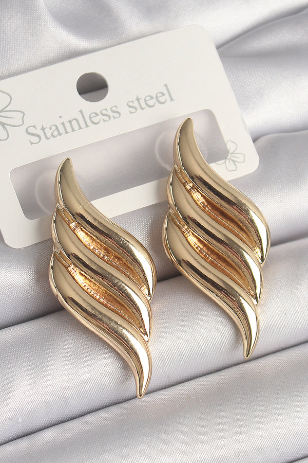 BKP10237 - Pirinç Gold Renk 3 Sıra Dalga Model Kadın Küpe