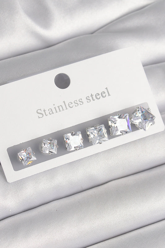 BKP10303 - 316L Çelik Gümüş Renk Kare Zirkon Taşlı Kadın Küpe Seti