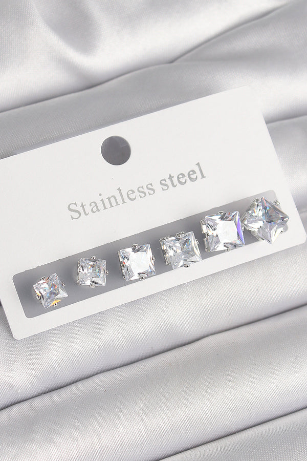 BKP10303 - 316L Çelik Gümüş Renk Kare Zirkon Taşlı Kadın Küpe Seti